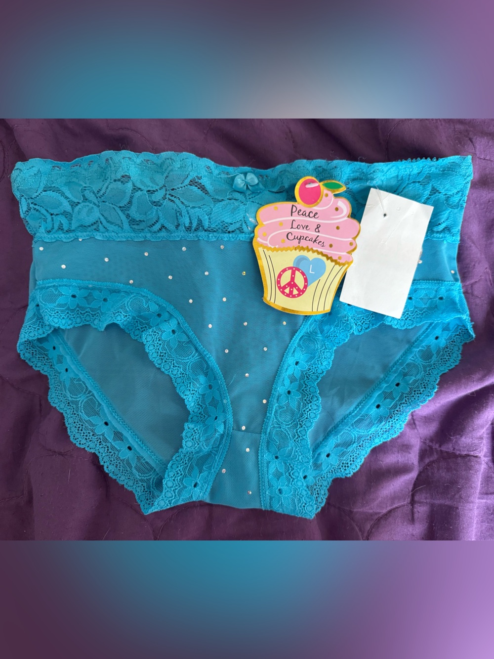 Turquoise Lace-Trim Bikini Panty with Rhinestone Accents